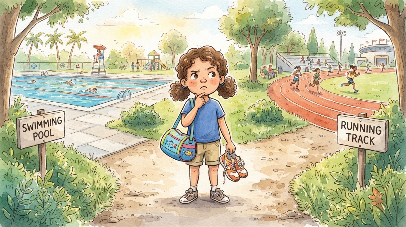 Une fillette hésite à un carrefour entre deux panneaux : « Swimming Pool » à gauche où des enfants nagent, et « Running Track » à droite où des enfants courent